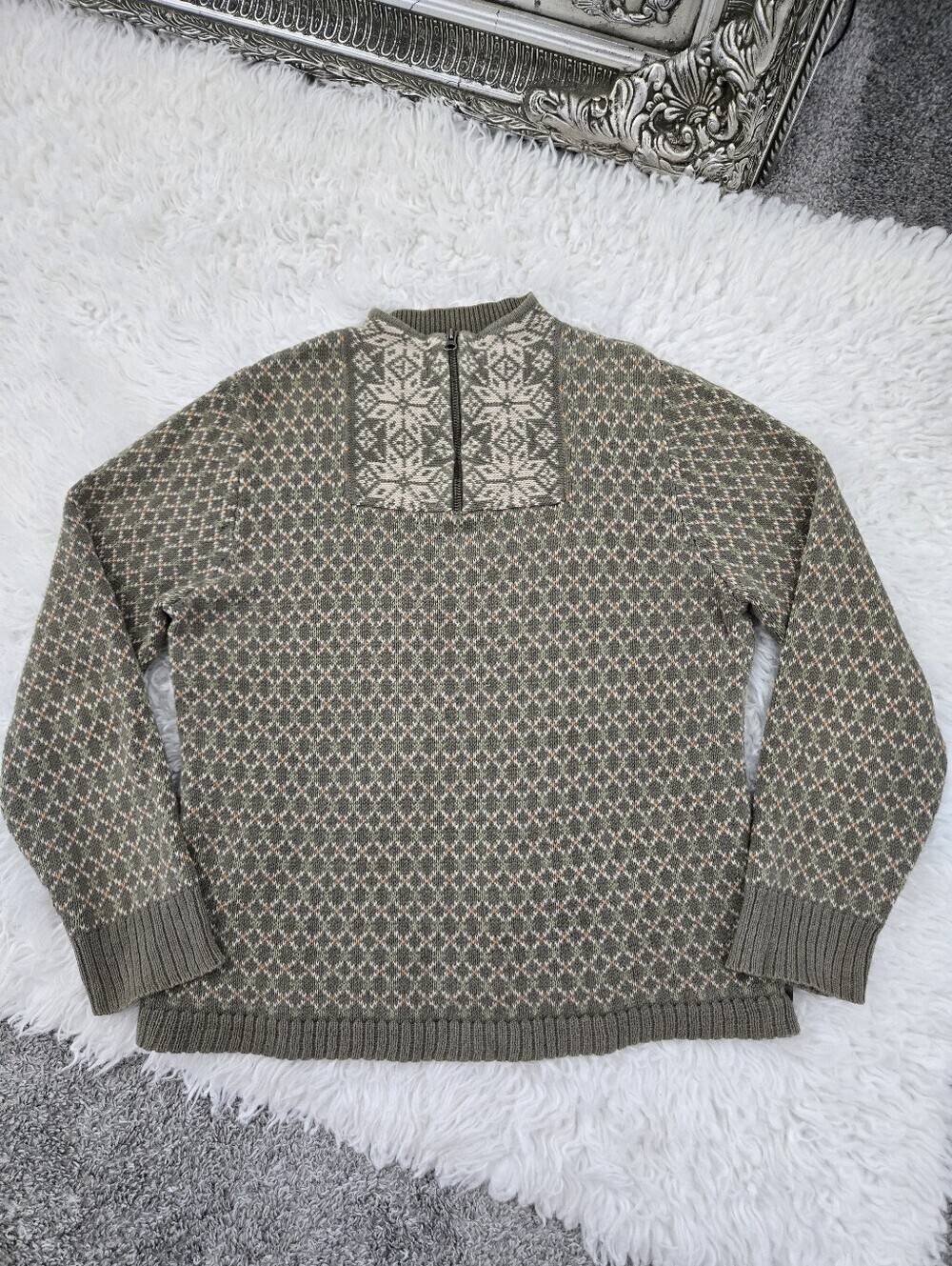 Woolrich Vintage ramie and cotton blend 1/4 zip pullover sweater. Olive green. S